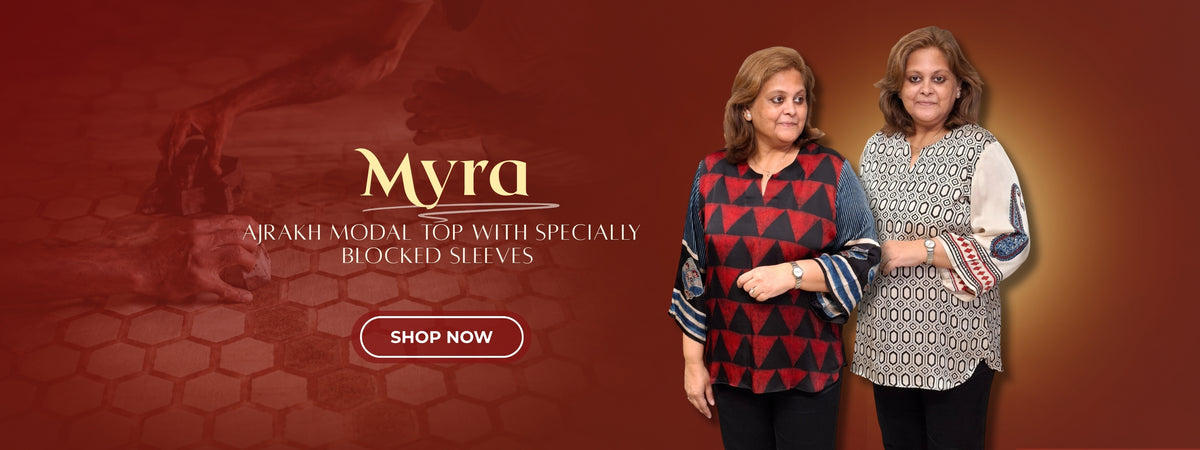 Promotional banner for the Myra brand showing two women modeling patterned araki modal tops against a warm reddish-brown gradient background with the text 'Myra' and a 'SHOP NOW' button.