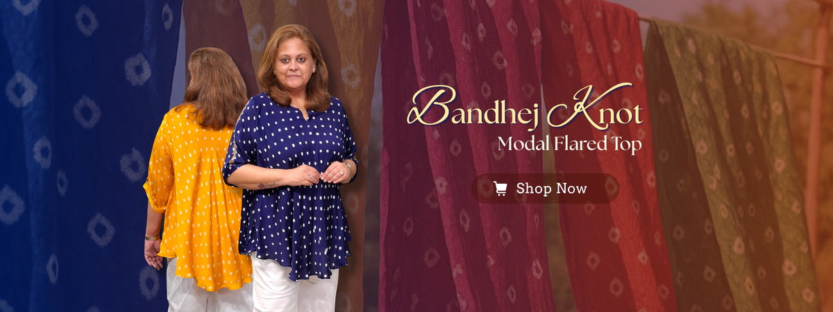 Promotional banner for Bandhej Knot Modal Flared Top, showing two women modeling the garment. One woman is shown from the back wearing a yellow top, and the other is shown from the front wearing a navy blue top with white polka dots.