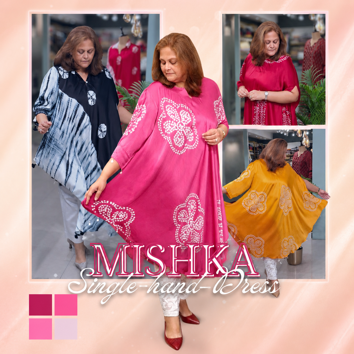 A promotional collage for Mishka single-hand dresses, showing a woman modeling a bright pink dress with white floral embroidery, alongside other color options including navy, black, red, and mustard yellow. The brand name 'MISHKA' is prominently displayed at the bottom.
